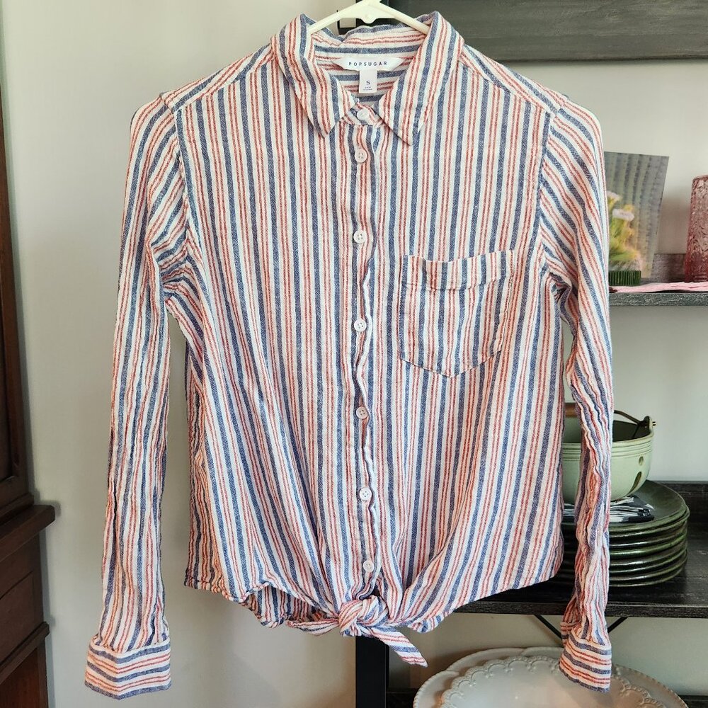 Red White @ Blue Pop Sugar Striped Button Down Shirt, Small Linen Rayon Tie-up
